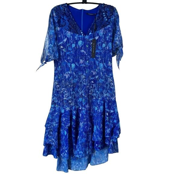 T Tahari Blue Floral Ruffled Cold Shoulder Dress NWT - Picture 1 of 16
